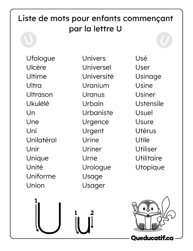 Mots pour enfants qui commencent par la lettre U Quéducatif